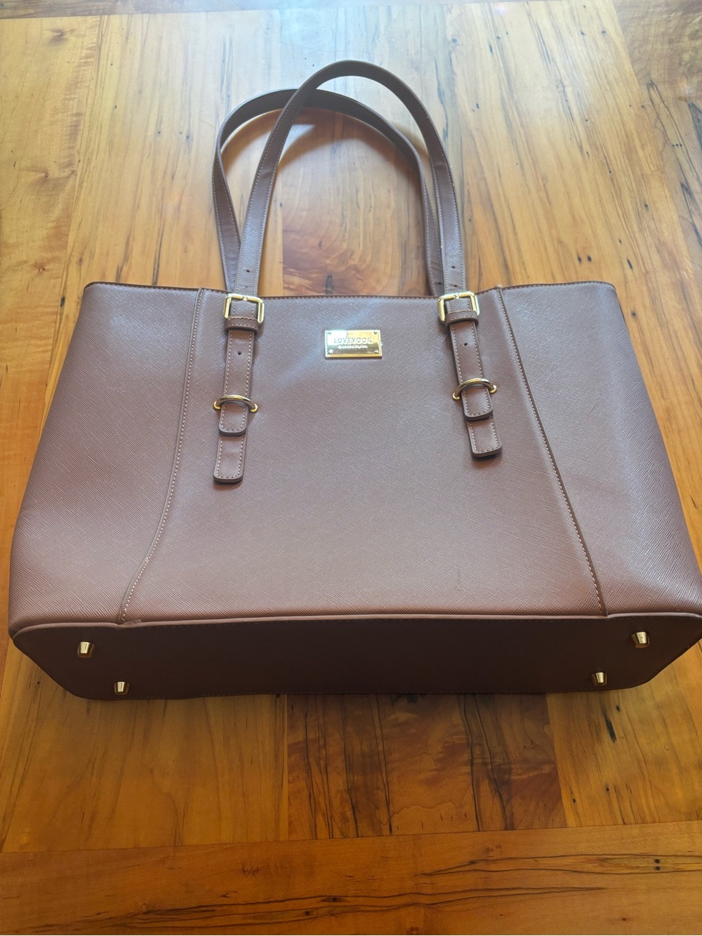 Structured Rose Gold Leather Tote with Gold Hardware - compartments inside